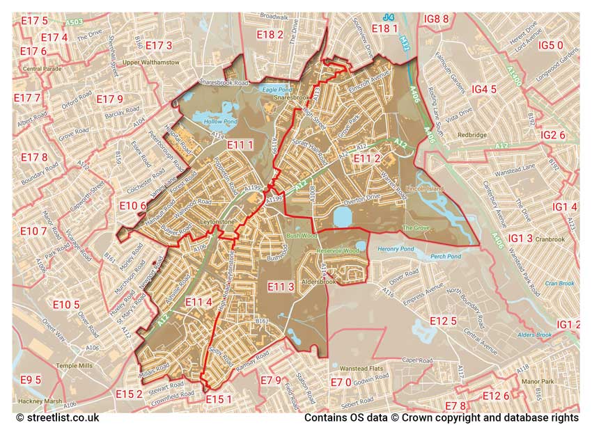 map showing postcode sectors within the E11 district