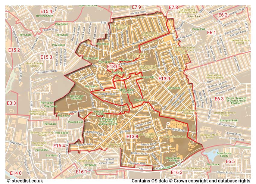 map showing postcode sectors within the E13 district