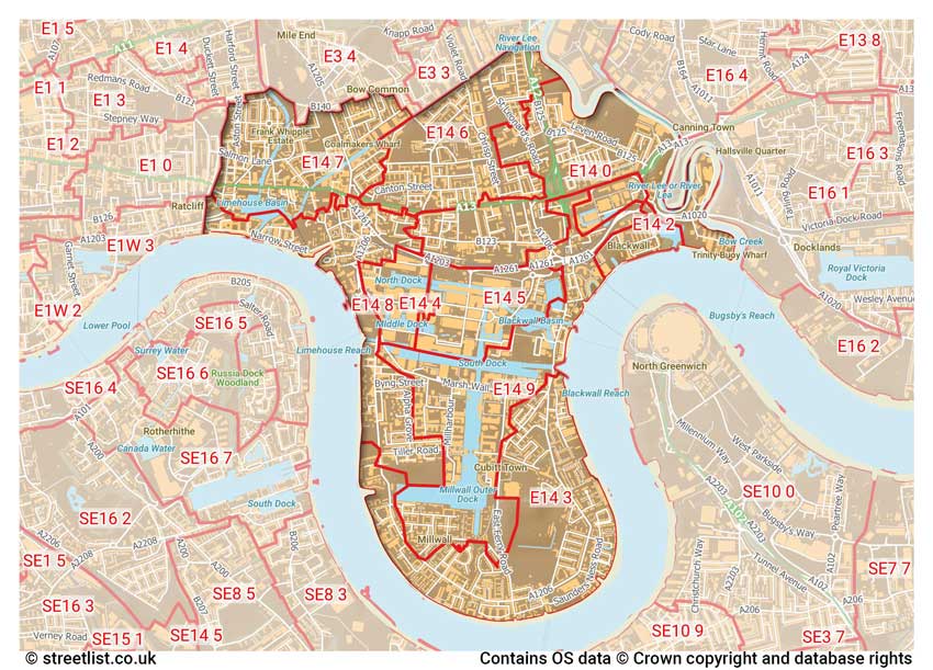 map showing postcode sectors within the E14 district