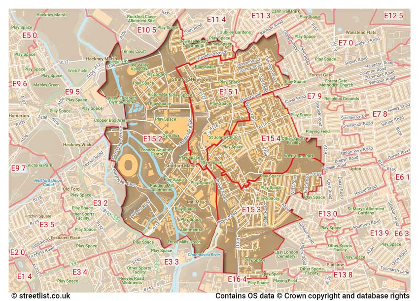 map showing postcode sectors within the E15 district