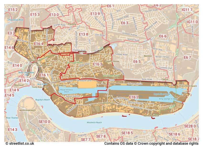 map showing postcode sectors within the E16 district