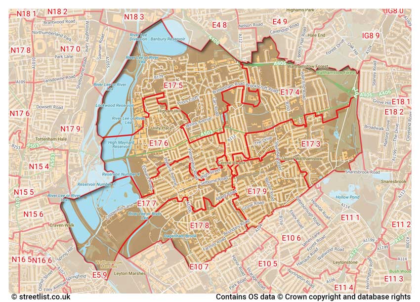 map showing postcode sectors within the E17 district