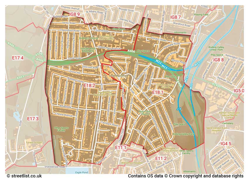 map showing postcode sectors within the E18 district