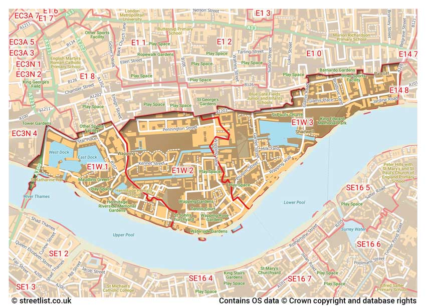 map showing postcode sectors within the E1W district