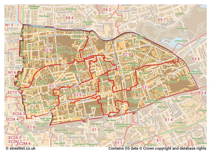 map showing postcode sectors within the E2 district