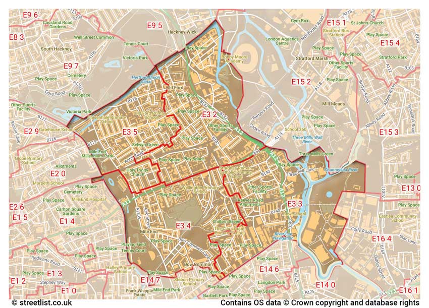 map showing postcode sectors within the E3 district