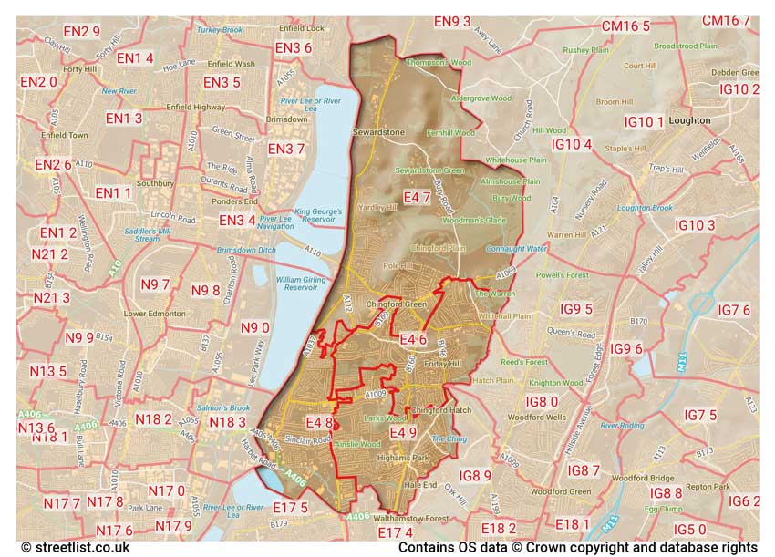 map showing postcode sectors within the E4 district