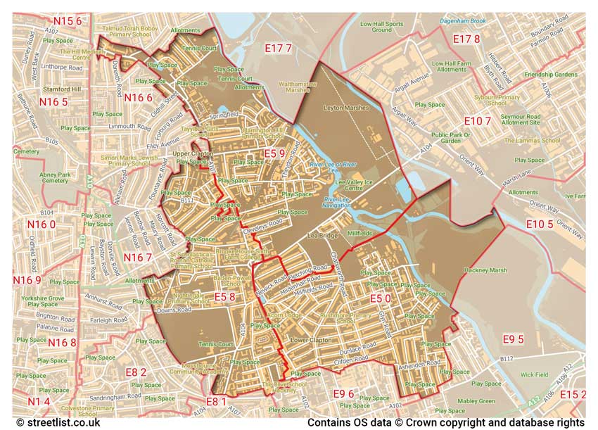 map showing postcode sectors within the E5 district