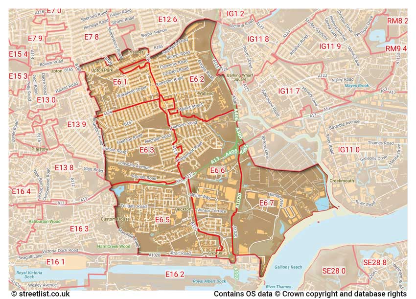 map showing postcode sectors within the E6 district