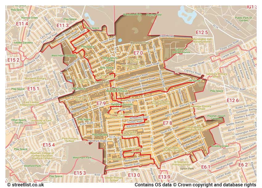 map showing postcode sectors within the E7 district