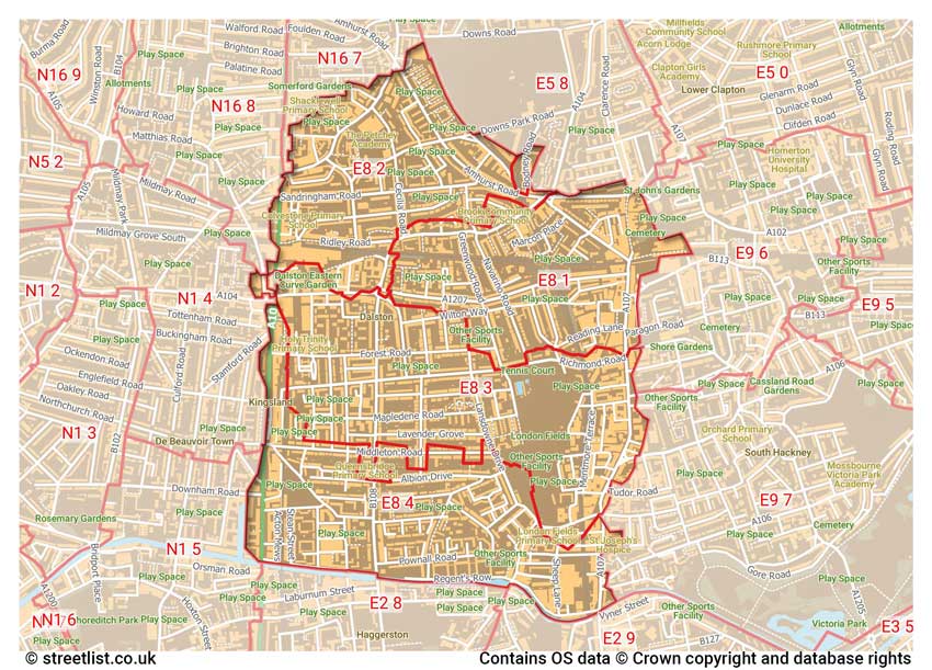 map showing postcode sectors within the E8 district