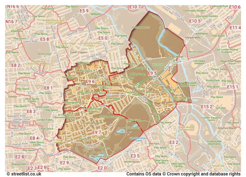 map showing postcode sectors within the E9 district