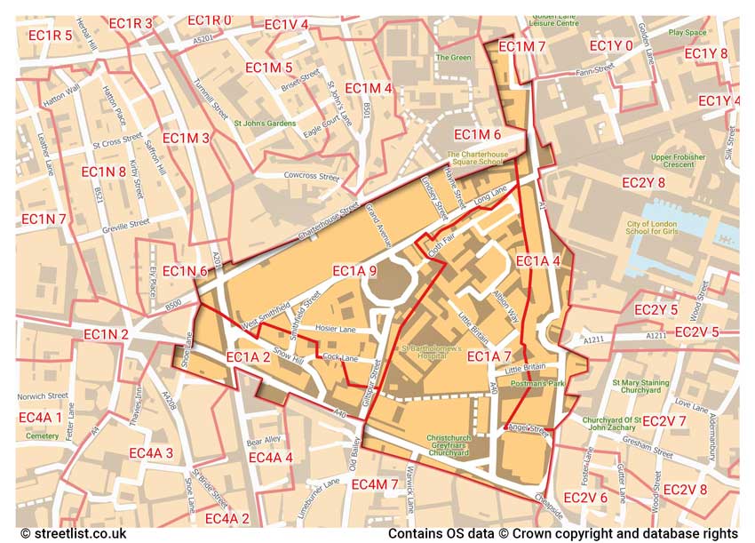 map showing postcode sectors within the EC1A district