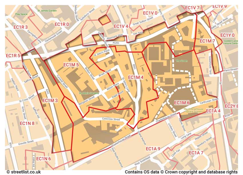 map showing postcode sectors within the EC1M district