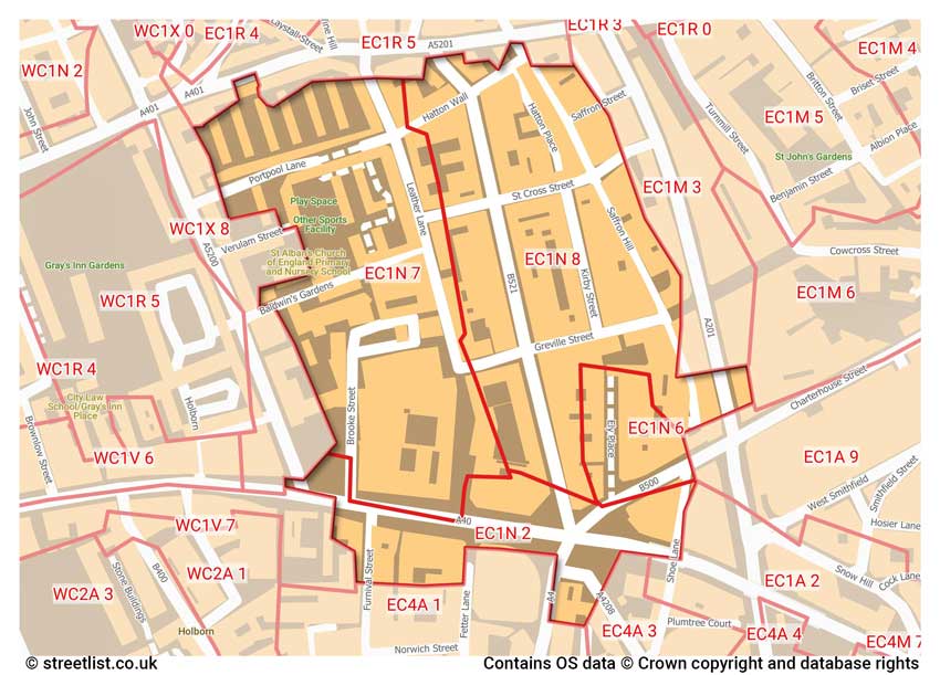 map showing postcode sectors within the EC1N district