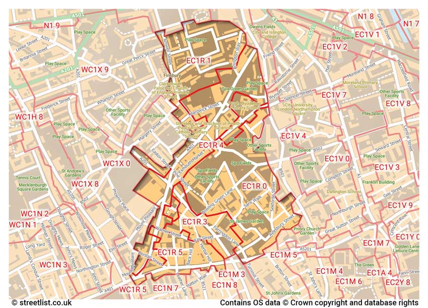 map showing postcode sectors within the EC1R district