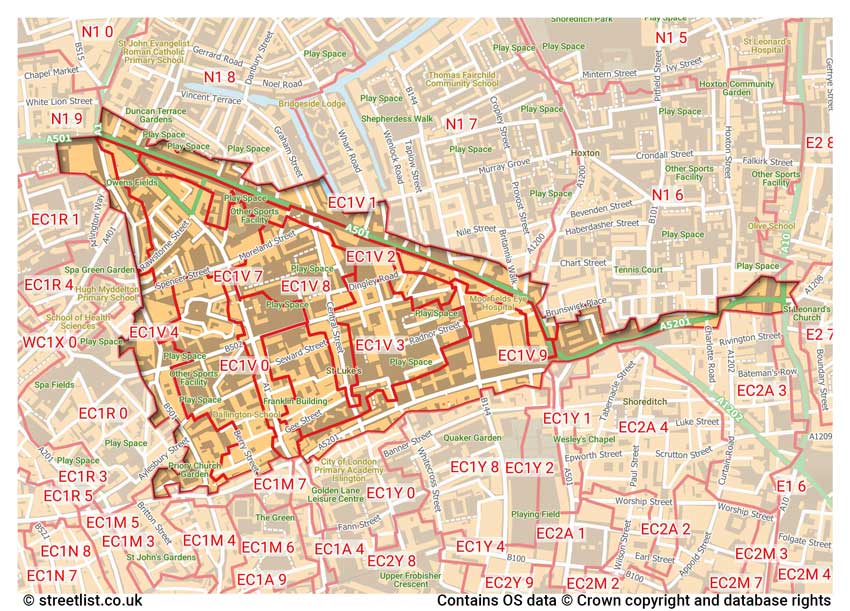 map showing postcode sectors within the EC1V district