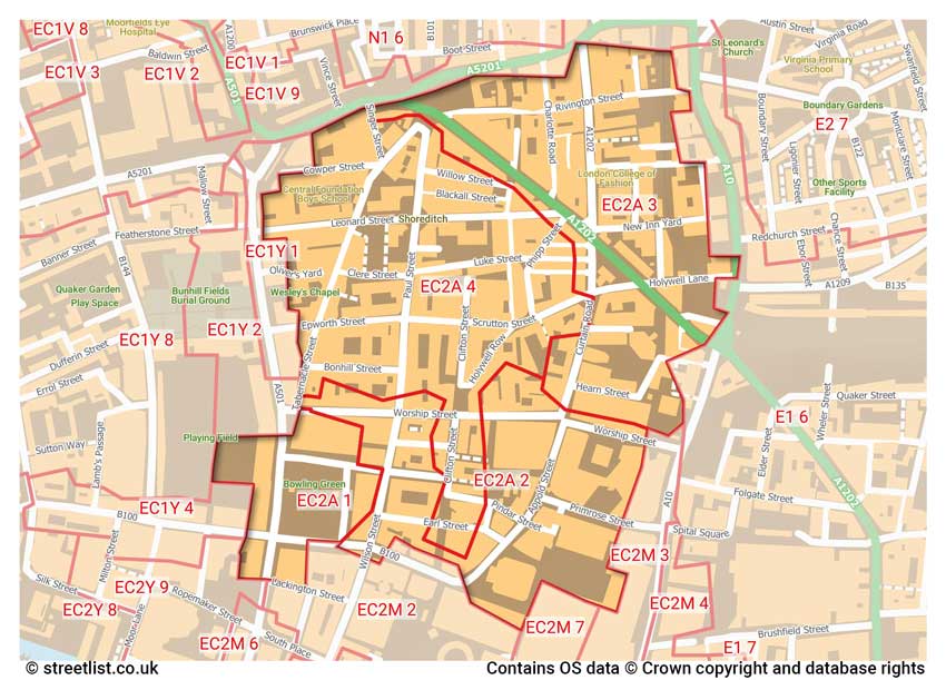 map showing postcode sectors within the EC2A district