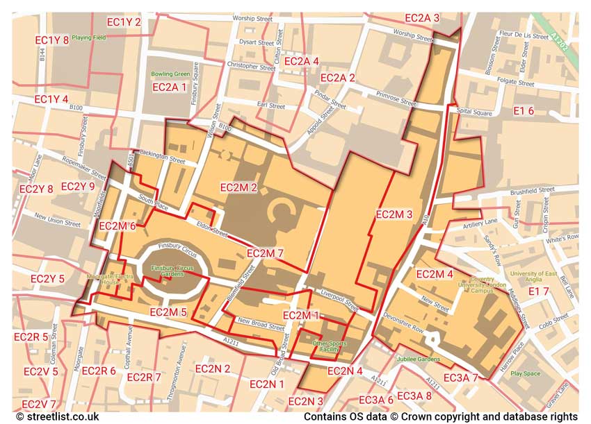 map showing postcode sectors within the EC2M district