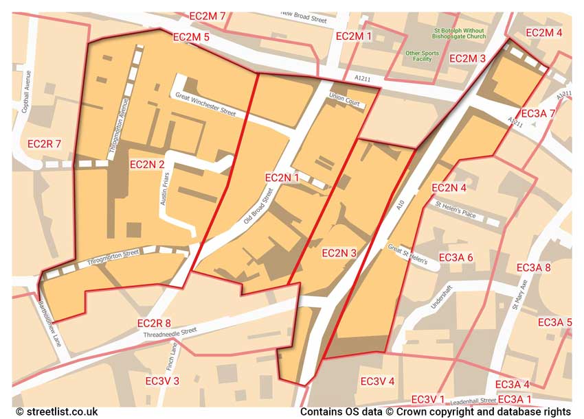 map showing postcode sectors within the EC2N district