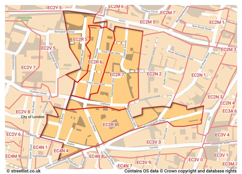 map showing postcode sectors within the EC2R district