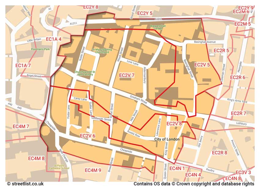 map showing postcode sectors within the EC2V district