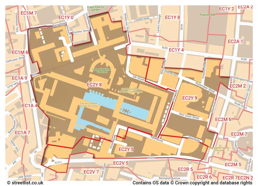 map showing postcode sectors within the EC2Y district