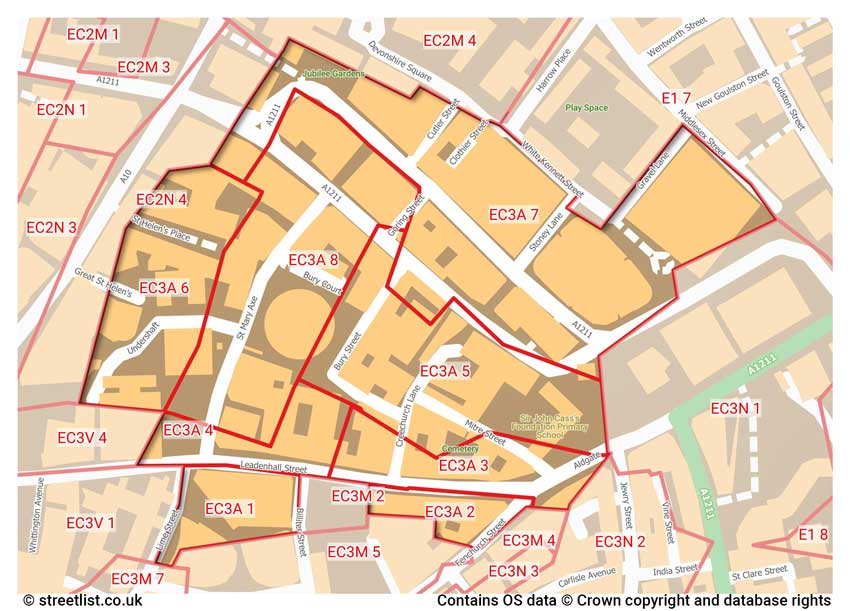 map showing postcode sectors within the EC3A district