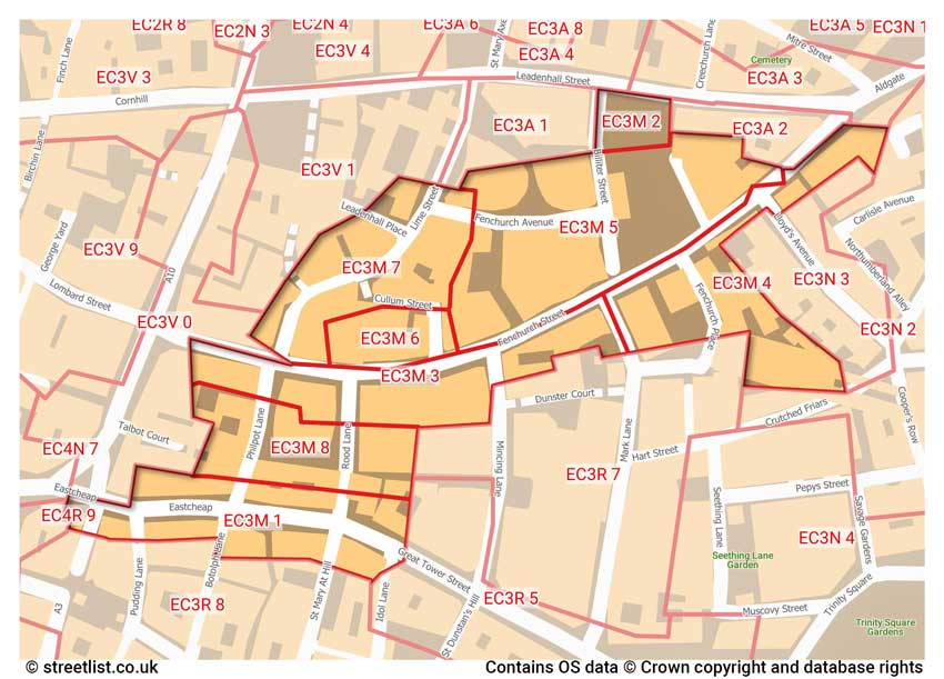 map showing postcode sectors within the EC3M district