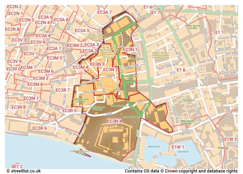 map showing postcode sectors within the EC3N district