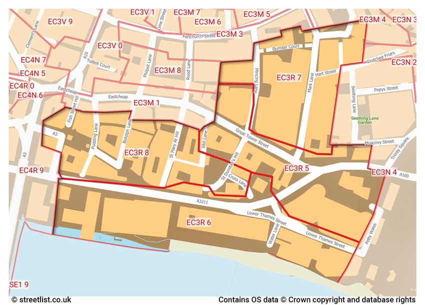 map showing postcode sectors within the EC3R district