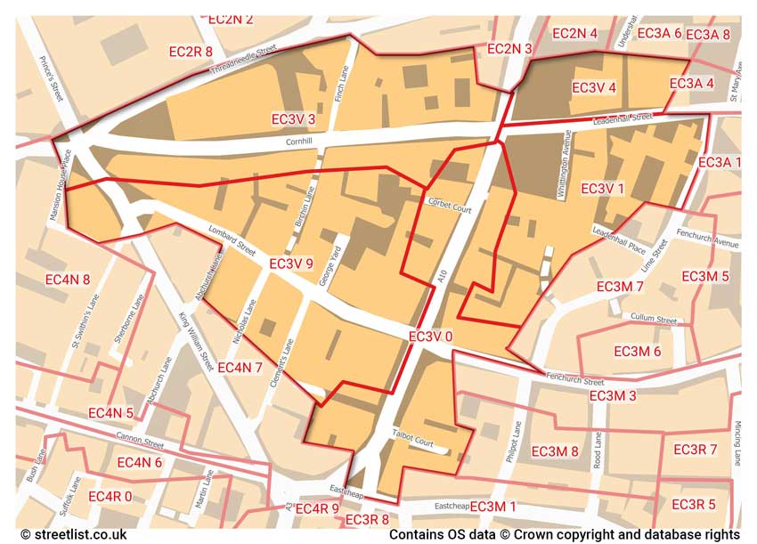 map showing postcode sectors within the EC3V district