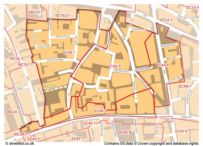 map showing postcode sectors within the EC4A district