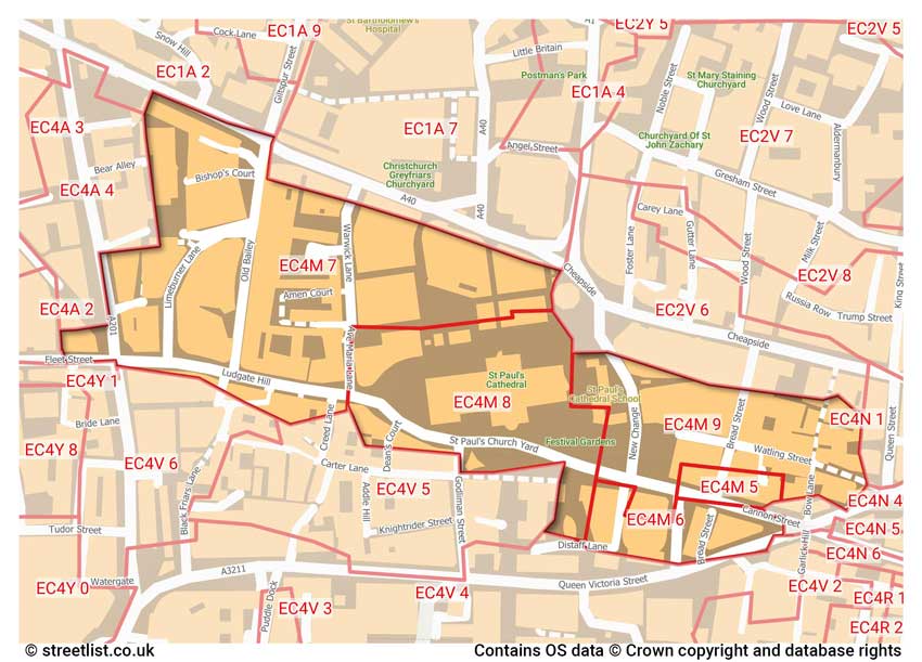 map showing postcode sectors within the EC4M district