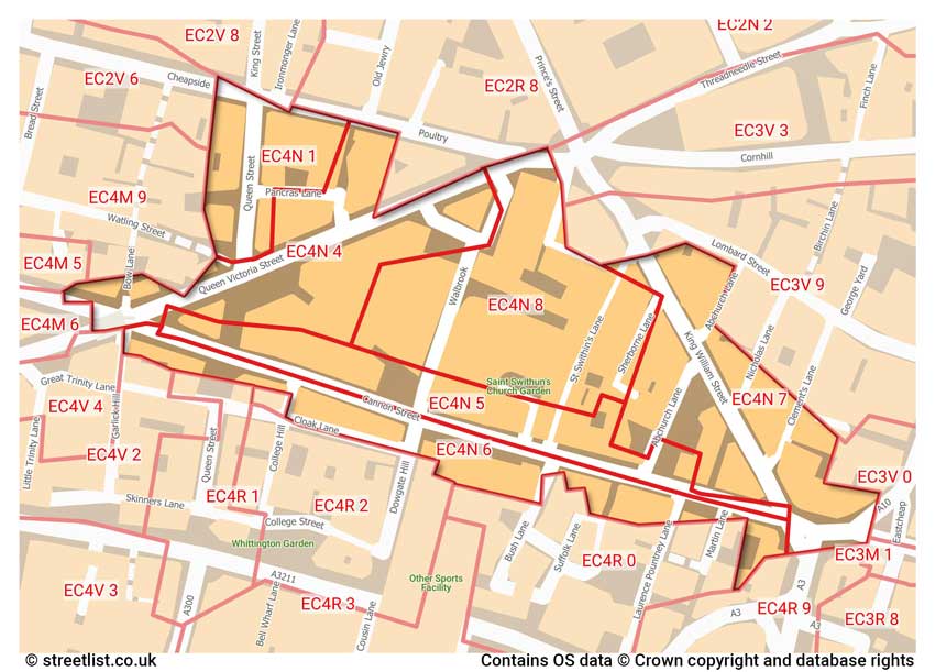 map showing postcode sectors within the EC4N district