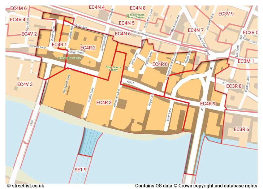 map showing postcode sectors within the EC4R district