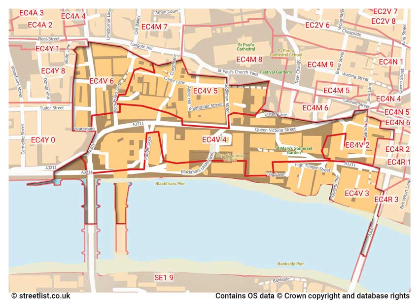 map showing postcode sectors within the EC4V district