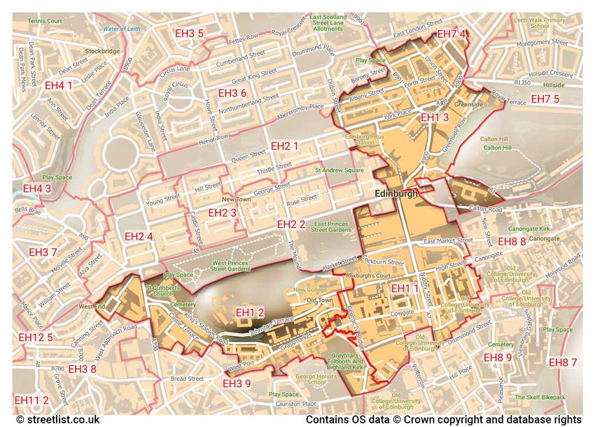 map showing postcode sectors within the EH1 district