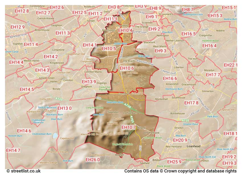 map showing postcode sectors within the EH10 district