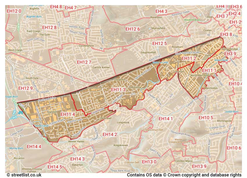 map showing postcode sectors within the EH11 district