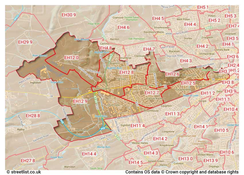 map showing postcode sectors within the EH12 district