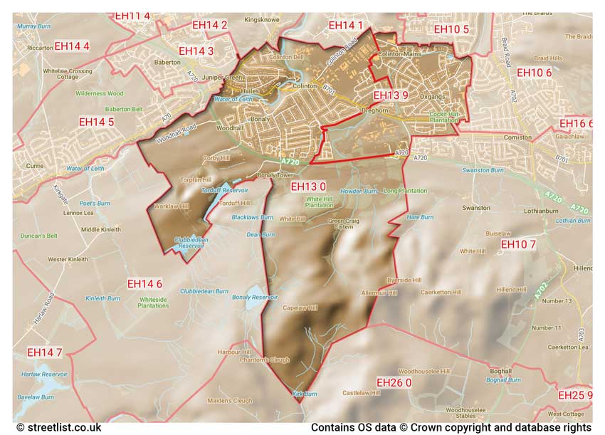 map showing postcode sectors within the EH13 district