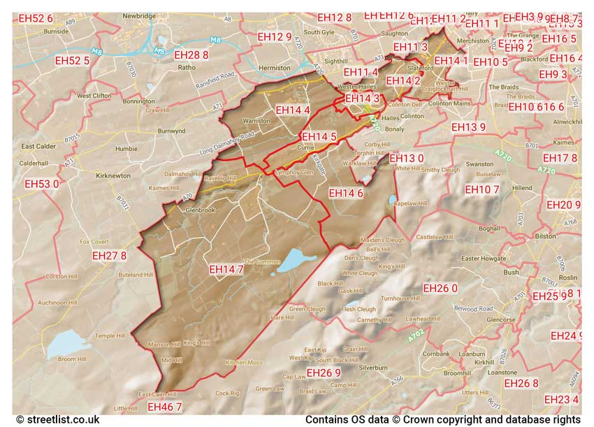 map showing postcode sectors within the EH14 district