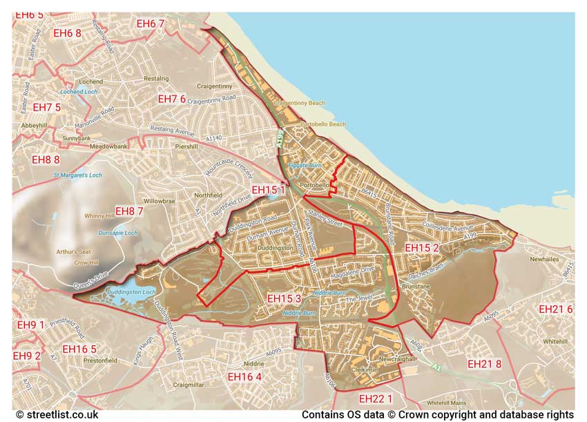 map showing postcode sectors within the EH15 district