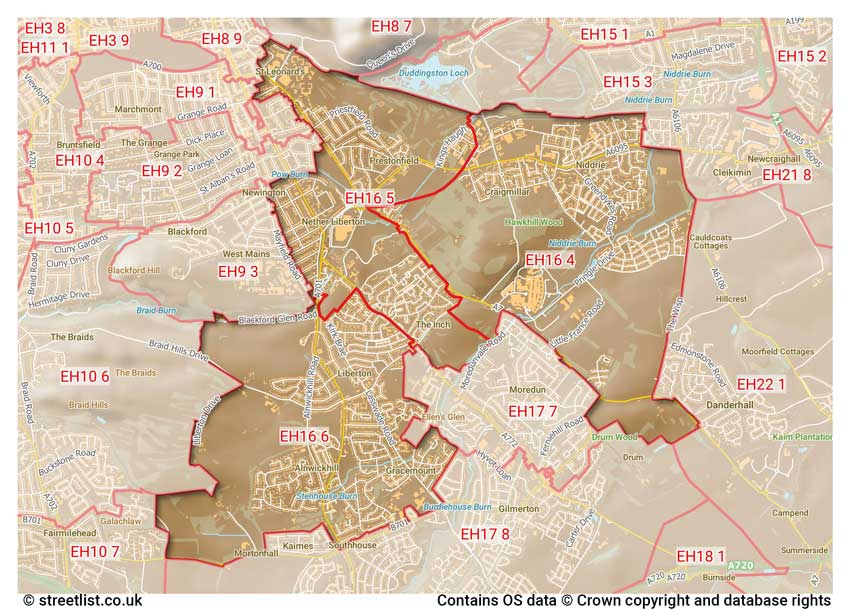 map showing postcode sectors within the EH16 district