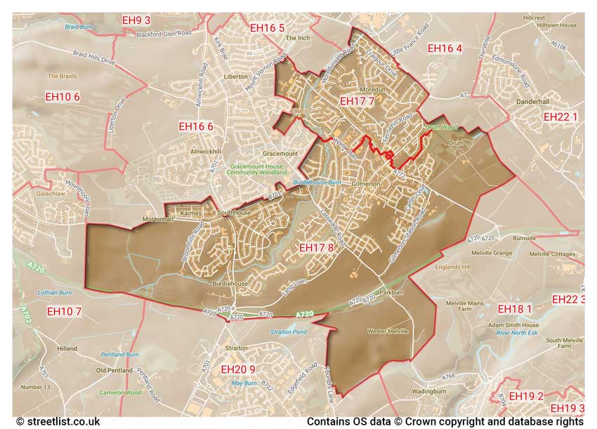 map showing postcode sectors within the EH17 district