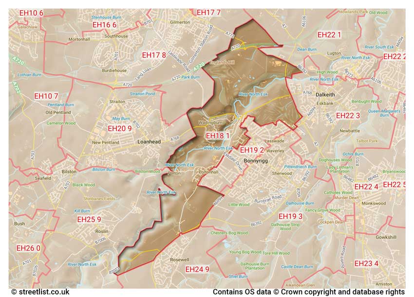 map showing postcode sectors within the EH18 district