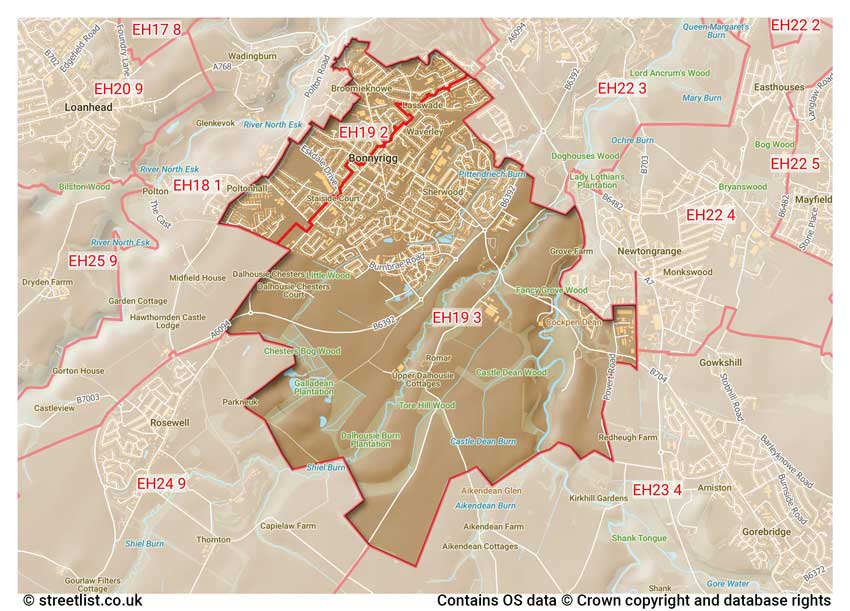 map showing postcode sectors within the EH19 district