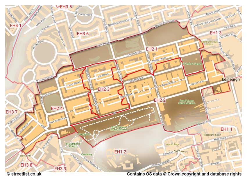 map showing postcode sectors within the EH2 district