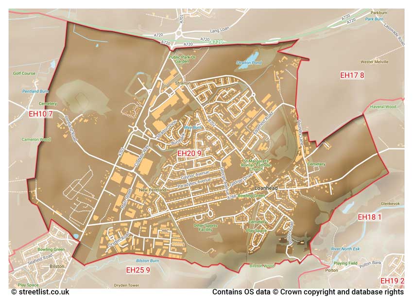 map showing postcode sectors within the EH20 district